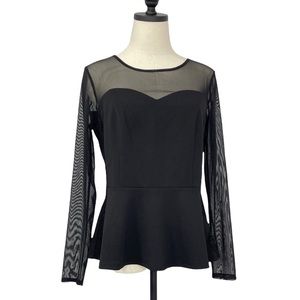 Thalia Sodi Fit and Flair Top Sheer Neckline & Sleeves Lace Detail Black Sz S